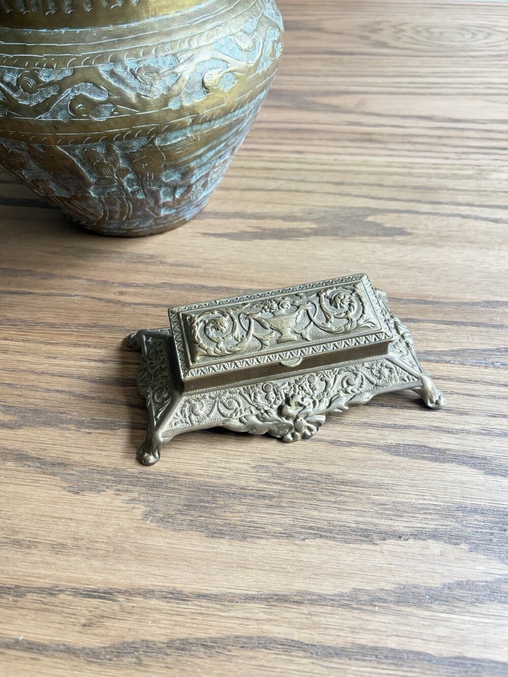 Antique Brass Stamp Box Desk Top Art Nouveau Ornate Brass Stamp Organizer